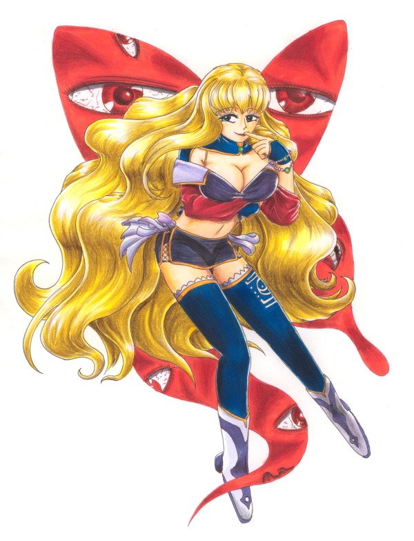 1girl alternate_costume baronted beads big_hair blue_eyes blue_legwear boots breast_rest breasts espgaluda eyes finger_to_mouth gap large_breasts long_hair looking_at_viewer looking_to_the_side miniskirt mouth navel no_hat pointy_nose red_eyes see-through simple_background skirt smile solo tagme thigh-highs touhou very_long_hair white_background yakumo_yukari