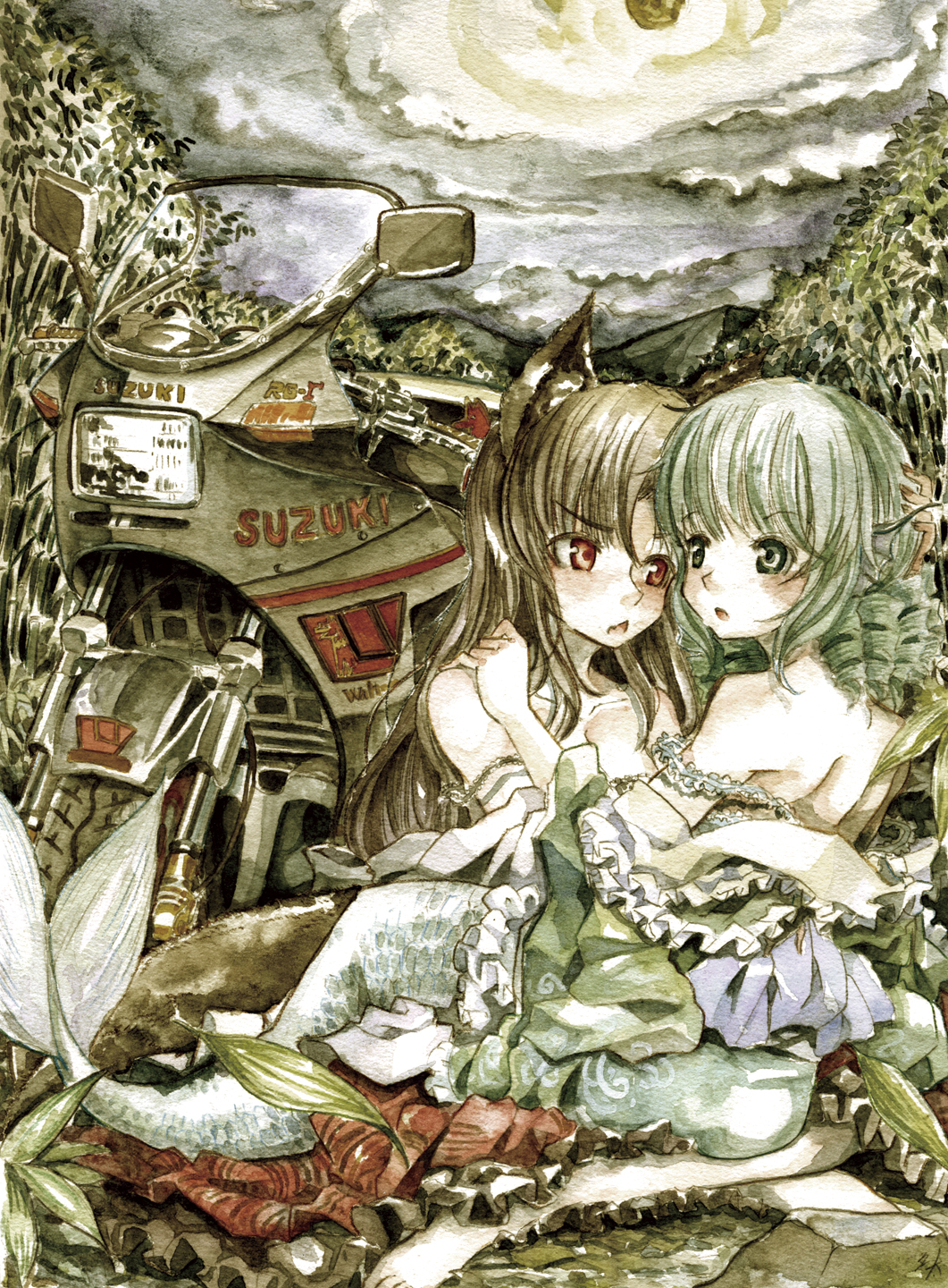 animal_ears bamboo bamboo_forest bare_shoulders blue_hair brown_hair dress drill_hair forest green_eyes head_fins highres imaizumi_kagerou japanese_clothes kimono long_hair long_sleeves master_(4th) mermaid monster_girl motor_vehicle motorcycle multiple_girls nature open_mouth product_placement red_eyes sash short_hair touhou traditional_media vehicle wakasagihime watercolor_(medium) wide_sleeves wolf_ears yuri