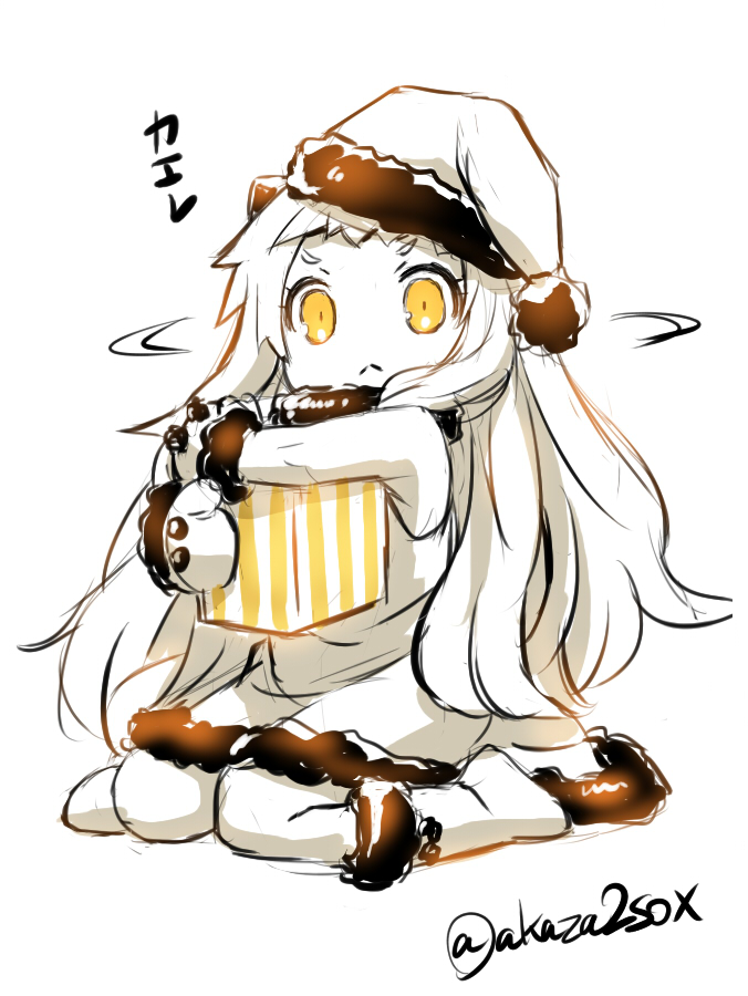 1girl akaza box gift gift_box hat kantai_collection looking_at_viewer mittens monochrome northern_ocean_hime object_hug santa_costume santa_hat shaking_head sitting solo spot_color translated wariza yellow_eyes