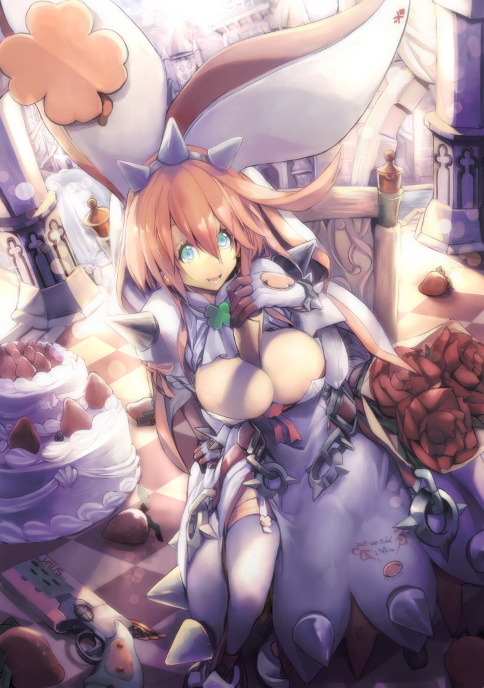 1girl akahoshi_kenji aqua_eyes bouquet breasts cleavage cuffs dress elphelt_valentine flower food fruit garter_belt guilty_gear guilty_gear_xrd gun hat large_breasts pink_hair rose shackles strawberry thigh-highs weapon wedding_cake zettai_ryouiki