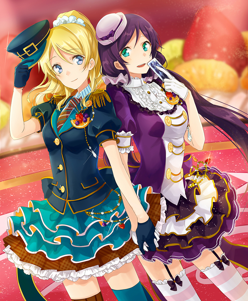 2girls ayase_eli blonde_hair blue_eyes epaulettes food food_themed_clothes food_themed_ornament fruit garter_straps gloves grapes green_eyes hat hat_removed headwear_removed holding_hands love_live!_school_idol_project lunica mismatched_legwear multiple_girls necktie orange peaked_cap ponytail purple_hair removing_hat skirt strawberry striped striped_legwear tarot thigh-highs toujou_nozomi yuri
