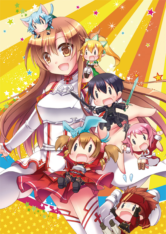 2boys 4girls asuna_(sao) breastplate brown_eyes brown_hair chibi dragon kirito klein leafa lisbeth long_hair miniboy minigirl multiple_boys multiple_girls pina_(sao) shinon_(sao-alo) short_hair silica sword_art_online thigh-highs tougo