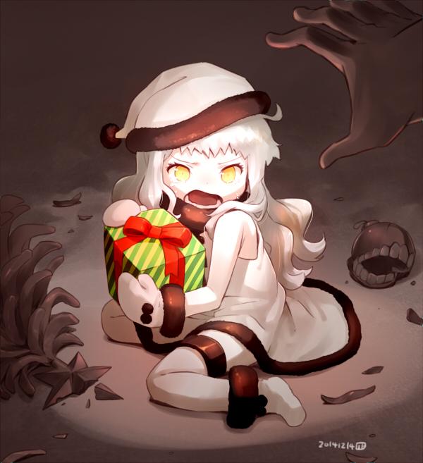 1girl box christmas gift gift_box hands hat kantai_collection mittens nagian northern_ocean_hime object_hug orange_eyes santa_boots santa_costume santa_hat shinkaisei-kan tears white_hair