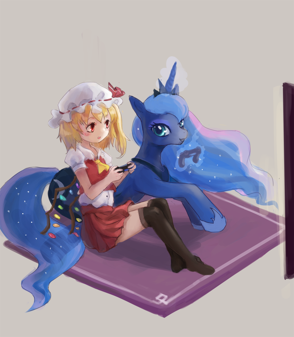 2girls bat_wings black_legwear blonde_hair blue_eyes blue_hair controller crossover crown flandre_scarlet game_controller hat horn jewelry kneehighs long_hair looofa luna_(my_little_pony) magic multiple_girls my_little_pony my_little_pony_friendship_is_magic playing_games playstation_4 red_eyes ribbon short_hair side_ponytail sitting smile thigh-highs touhou very_long_hair wings