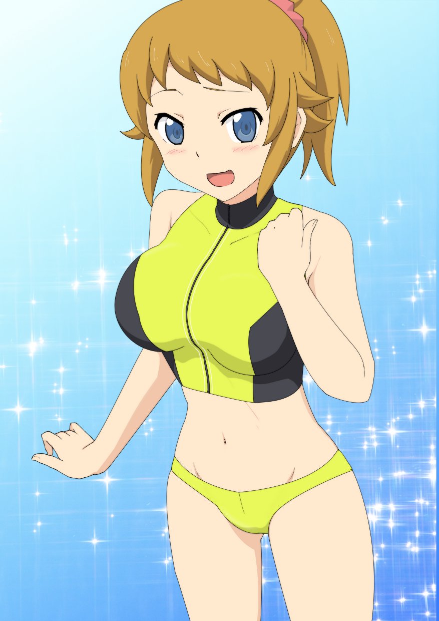 1girl bikini blue_eyes brown_hair gundam gundam_build_fighters gundam_build_fighters_try highres hoshino_fumina maimai251 ponytail sports_bikini swimsuit