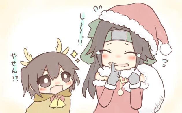 2girls animal_costume antlers bell brown_hair chibi commentary_request flying_sweatdrops gloves hat headband jakoo21 jintsuu_(kantai_collection) kantai_collection long_hair multiple_girls reindeer_antlers reindeer_costume sack santa_costume santa_hat sendai_(kantai_collection) short_hair short_twintails sparkling_eyes tears translated twintails twitter_username