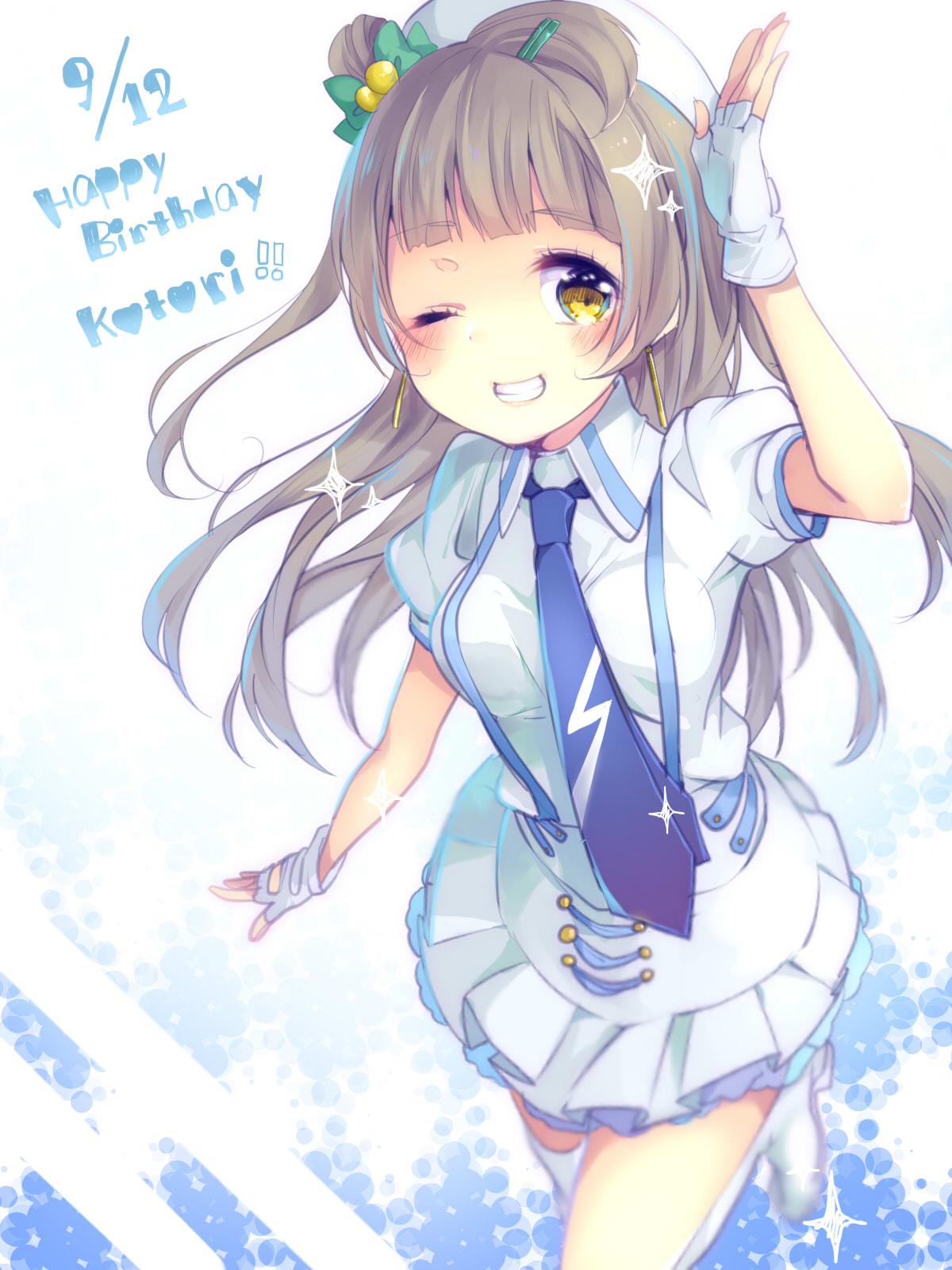 1girl blurry brown_hair character_name dated depth_of_field earrings fingerless_gloves gloves grin happy_birthday hat highres hina_(milk_ti_leaf) jewelry love_live!_school_idol_project minami_kotori necktie one_eye_closed side_ponytail skirt smile solo sparkle wonderful_rush yellow_eyes