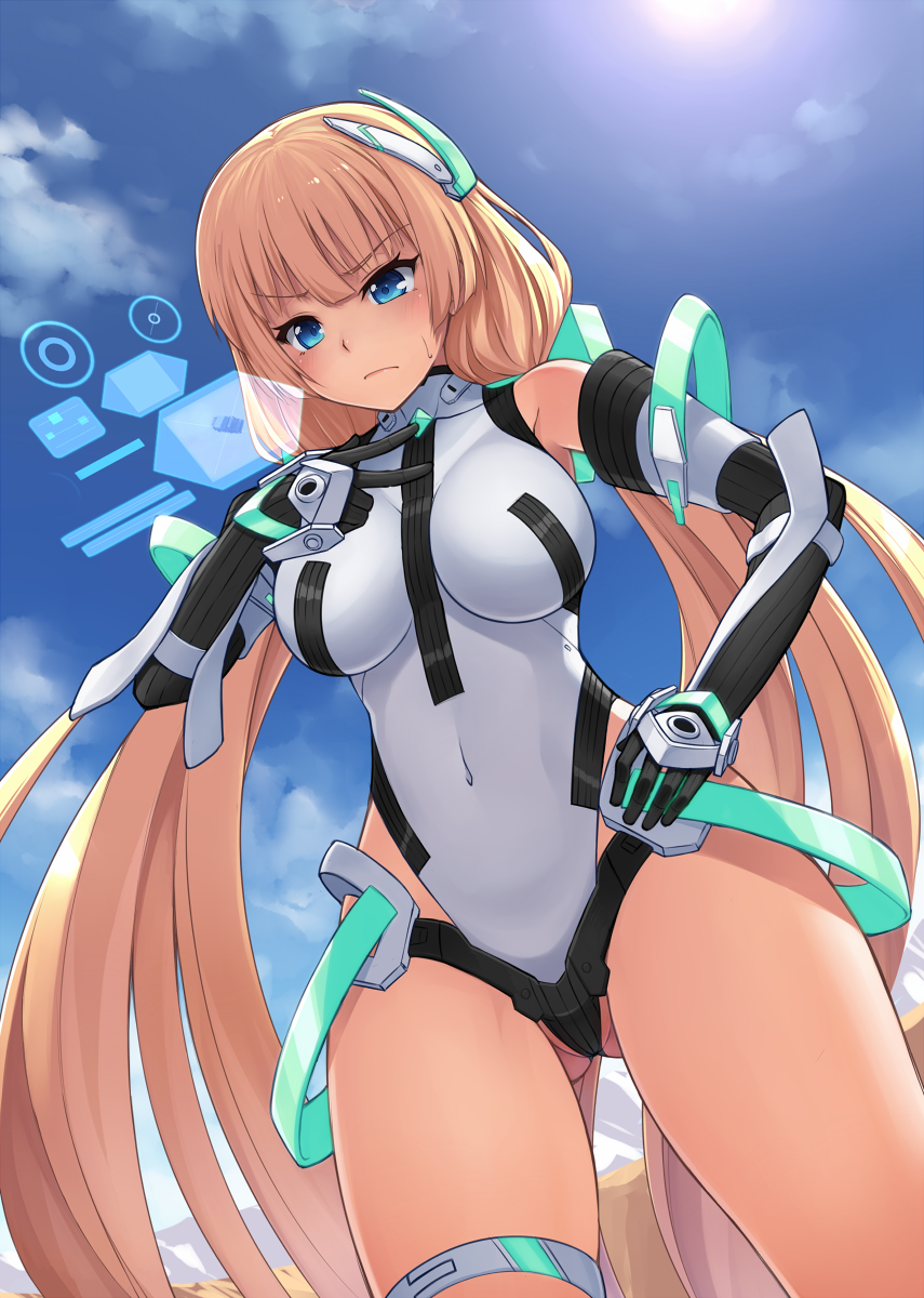 1girl angela_balzac blonde_hair blue_eyes blue_sky breasts clouds covered_navel cowboy_shot dutch_angle expelled_from_paradise from_below frown highres holographic_interface large_breasts leotard low_twintails oyaji-sou serious sky solo sun sweatdrop thigh_strap twintails