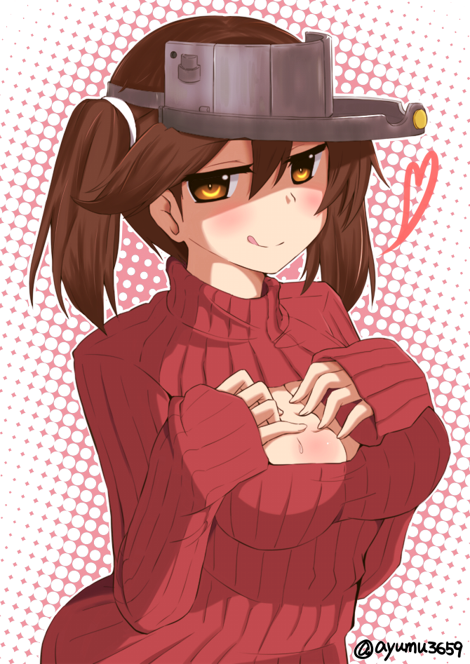 1girl :q alternate_breast_size ayumu_(ayumu3659) breast_suppress breasts cleavage kantai_collection large_breasts long_hair open-chest_sweater ribbed_sweater ryuujou_(kantai_collection) simple_background sleeves_past_wrists smirk solo sweater tongue tongue_out twintails visor_cap