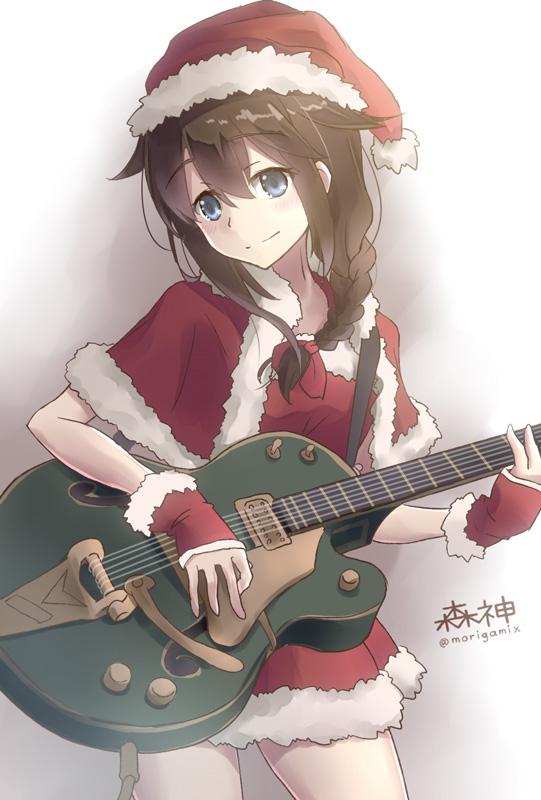 1girl blue_eyes brown_hair d-style_wed electric_guitar gloves guitar hair_flaps hat instrument kantai_collection santa_costume santa_hat shigure_(kantai_collection)