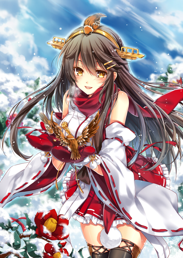 1girl bird blush breasts brown_eyes brown_hair detached_sleeves flower hair_ornament hairband hairclip haruna_(kantai_collection) headgear japanese_clothes kantai_collection kingchenxi large_breasts long_hair mittens nontraditional_miko open_mouth ribbon-trimmed_sleeves ribbon_trim scarf skirt smile snow solo sparrow thigh-highs