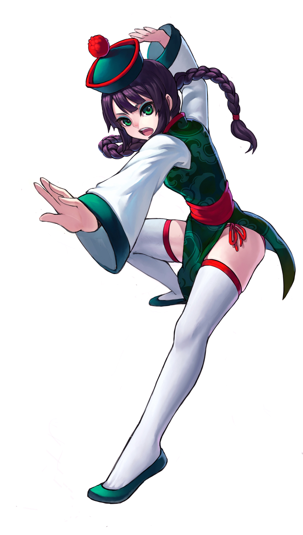 1girl braid china_dress chinese_clothes fighting_stance fkey green_eyes hat highres long_sleeves open_mouth original panties purple_hair red_panties sash shirt side-tie_panties side_slit solo thigh-highs twin_braids underwear white_legwear wide_sleeves