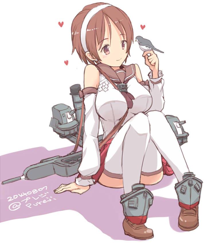 1girl bare_shoulders between_breasts bird bird_on_hand breasts brown_eyes brown_hair colored_shadow dated detached_sleeves hairband heart kantai_collection large_breasts natori_(kantai_collection) neckerchief pureji_oshou sailor_collar shadow shoes short_hair sitting smile thigh-highs turret twitter_username very_short_hair white_background white_legwear