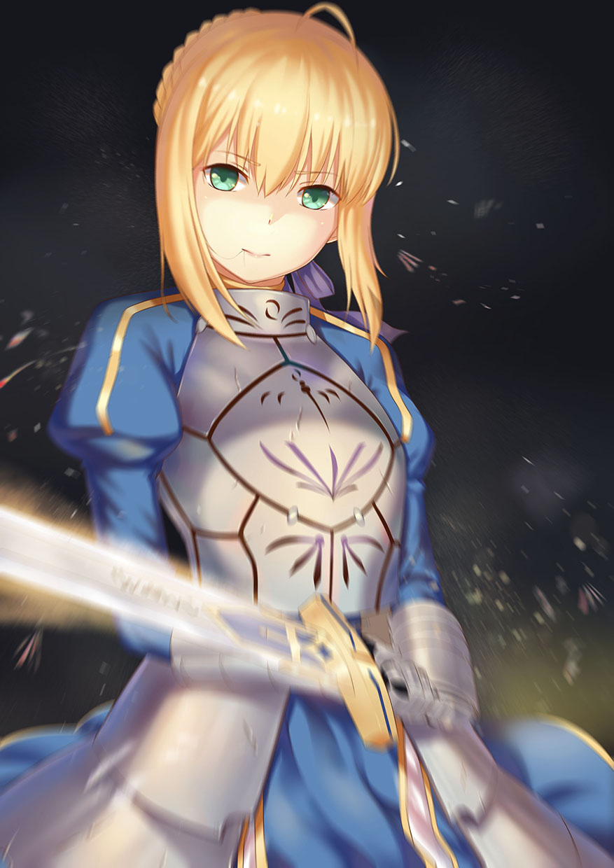 1girl ahoge blonde_hair blurry breastplate excalibur fate/stay_night fate_(series) gauntlets green_eyes hair_in_mouth highres juliet_sleeves long_sleeves payot puffy_sleeves saber short_hair shoutai_(7490773) solo sword weapon