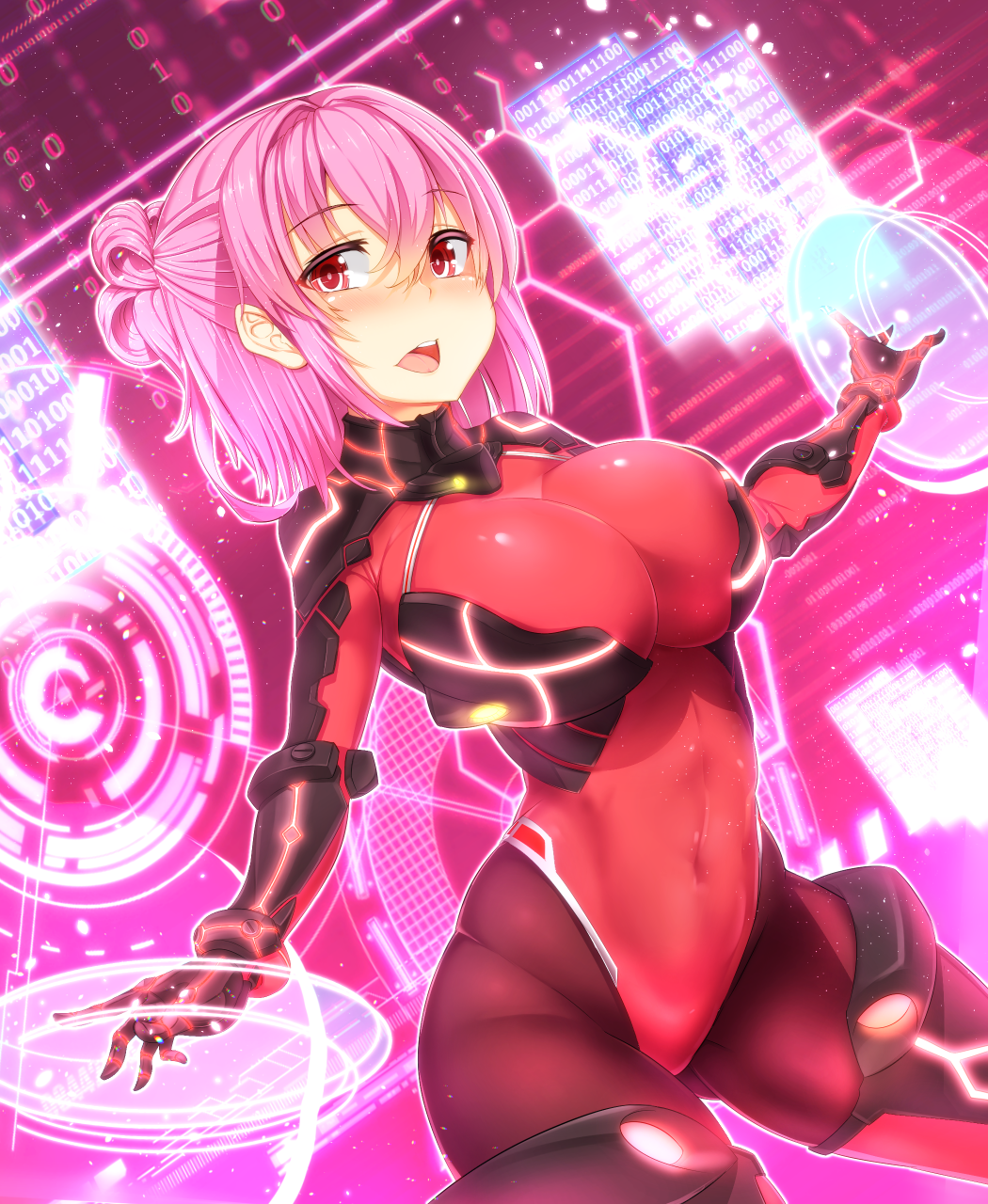 1girl binary blush bodysuit breasts covered_navel gloves highres holographic_interface karaage_(ta-na) large_breasts looking_at_viewer open_mouth original pantyhose pink_hair red_eyes skin_tight solo