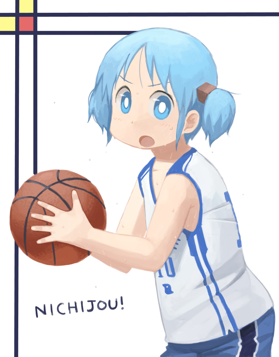 1girl basketball basketball_uniform blue_eyes blue_hair hair_cubes hair_ornament naganohara_mio nichijou nishimura_(prism_engine) open_mouth short_hair short_twintails solo sportswear sweat twintails