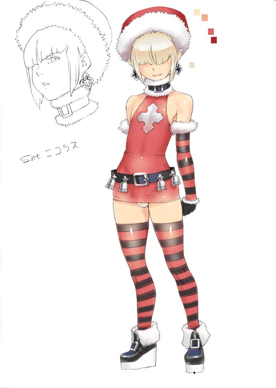 1boy androgynous bell belt bulge character_name christmas crossdressinging dress earrings elbow_gloves gloves hair_over_eyes hat jewelry male original panties platform_footwear po-ju pun santa_hat short_hair short_hair_with_long_locks skin_tight solo standing striped striped_legwear thigh-highs trap underwear white_background