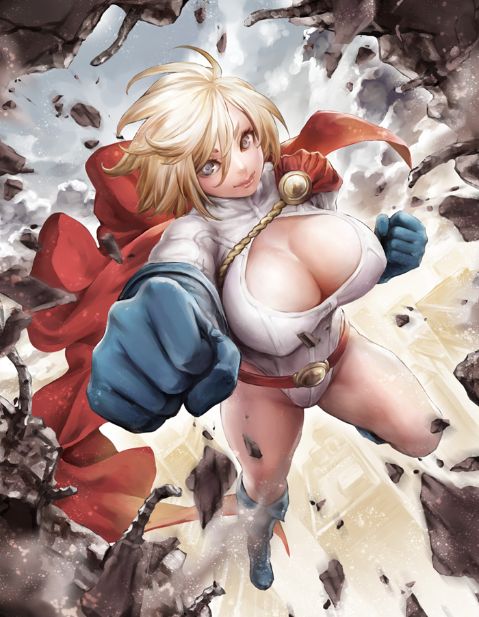 1girl belt blonde_hair blue_eyes blue_gloves breasts building cape cleavage cleavage_cutout dc_comics gloves huge_breasts leotard lips nabe_(crow's_head) power_girl punching short_hair smile solo superhero