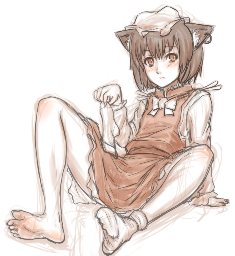 1girl animal_ears bow cat_ears chen dress ear_piercing jewelry kuro_suto_sukii long_sleeves looking_at_viewer mob_cap piercing restricted_palette shirt single_earring sitting sketch socks_removed solo touhou