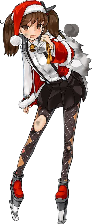 1girl argyle argyle_legwear bell black_skirt blush brown_eyes brown_hair christmas dirty_face dress_shirt full_body fur_trim hat headgear holding kantai_collection kuuro_kuro long_hair long_legs long_sleeves official_art open_mouth pantyhose pleated_skirt ryuujou_(kantai_collection) sack santa_costume santa_hat shirt skirt smoke solo suspenders torn_clothes torn_pantyhose transparent_background twintails