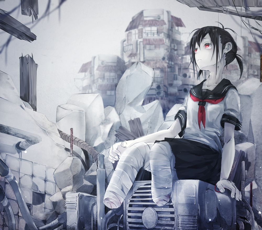 1girl ahoge amputee bandages black_hair building collarbone fan hose looking_away looking_up muted_color noro. original pale_skin red_eyes rubble school_uniform serafuku short_twintails sitting solo twintails