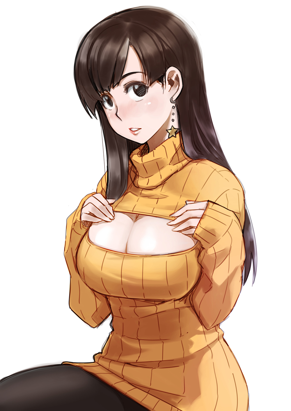 1girl black_eyes black_legwear blush breasts brown_hair cleavage cleavage_cutout earrings fuwari highres jewelry large_breasts long_hair long_sleeves looking_at_viewer open-chest_sweater pantyhose parted_lips ren'ai_shimasen_ka? ribbed_sweater simple_background single_earring sleeves_past_wrists solo star star_earrings sweater tachibana_roku turtleneck white_background