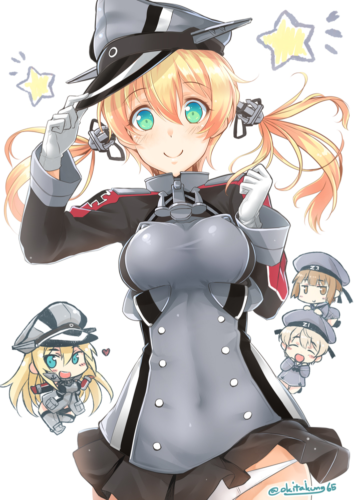 4girls anchor_hair_ornament bare_shoulders beret bismarck_(kantai_collection) blonde_hair blue_eyes blush breasts brown_eyes brown_hair closed_eyes detached_sleeves gloves green_eyes grey_legwear hair_ornament hat iron_cross kantai_collection large_breasts long_hair long_sleeves looking_at_viewer military military_hat military_uniform multiple_girls okitakung open_mouth panties pantyshot pantyshot_(standing) peaked_cap prinz_eugen_(kantai_collection) sailor_dress sailor_hat short_hair simple_background skirt smile standing thigh-highs twintails twitter_username underwear uniform white_gloves white_panties wind_lift z1_leberecht_maass_(kantai_collection) z3_max_schultz_(kantai_collection)