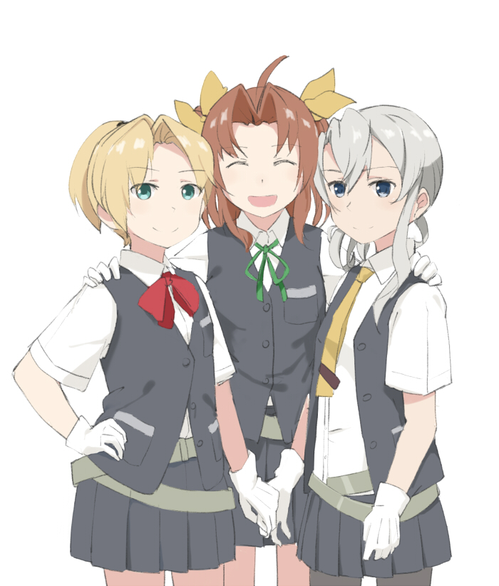 3girls :d ^_^ ahoge asymmetrical_hair black_legwear black_skirt blonde_hair bowtie brown_hair chocotto715 closed_eyes collared_shirt cowboy_shot gloves green_eyes grey_eyes hand_on_another's_shoulder hand_on_hip holding_hands kagerou_(kantai_collection) kantai_collection looking_at_viewer maikaze_(kantai_collection) multiple_girls necktie nowaki_(kantai_collection) open_clothes open_mouth open_vest pantyhose school_uniform short_hair short_ponytail silver_hair skirt smile tie_clip twintails vest white_gloves wings