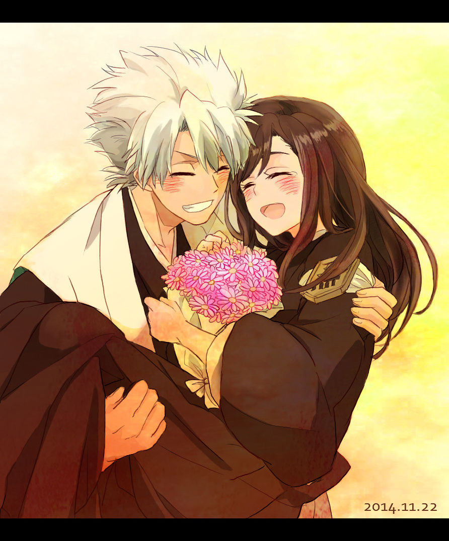 1boy 1girl bleach blush bouquet brown_hair carrying closed_eyes couple dated flower haori happy hetero hinamori_momo hitsugaya_toushirou japanese_clothes long_hair princess_carry short_hair smile taichou_haori tama-chan_(momomomijisakura) white_hair