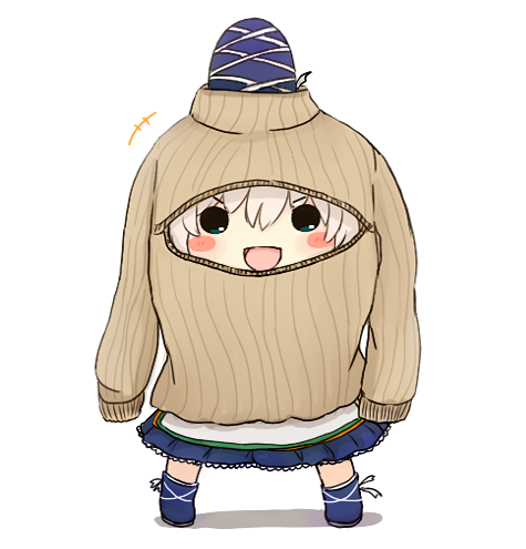 1girl blush_stickers chibi cleavage_cutout hat hat_ribbon long_sleeves looking_at_viewer lowres mononobe_no_futo open-chest_sweater open_mouth oversized_clothes rei_(tonbo0430) ribbed_sweater ribbon silver_hair skirt smile solid_circle_eyes solo sweater touhou turtleneck wardrobe_error you're_doing_it_wrong