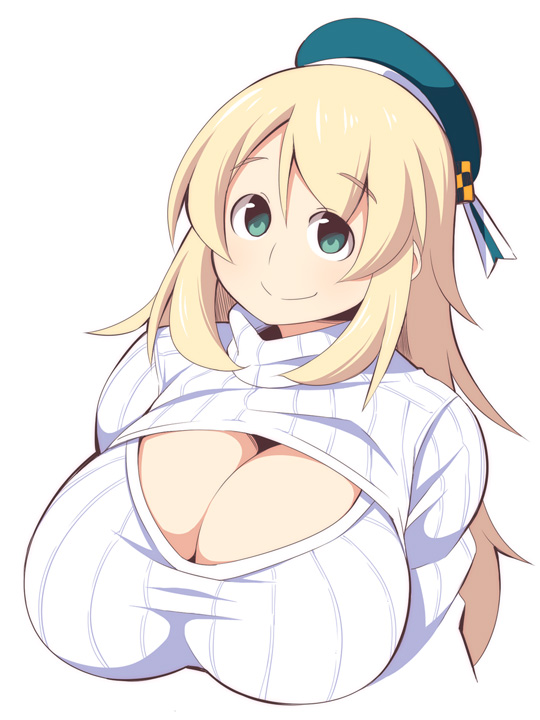 1girl atago_(kantai_collection) blonde_hair breasts bust cleavage green_eyes hat huge_breasts kantai_collection long_hair looking_at_viewer open-chest_sweater ribbed_sweater simple_background smile solo sweater turtleneck turtleneck_sweater ushi white_background