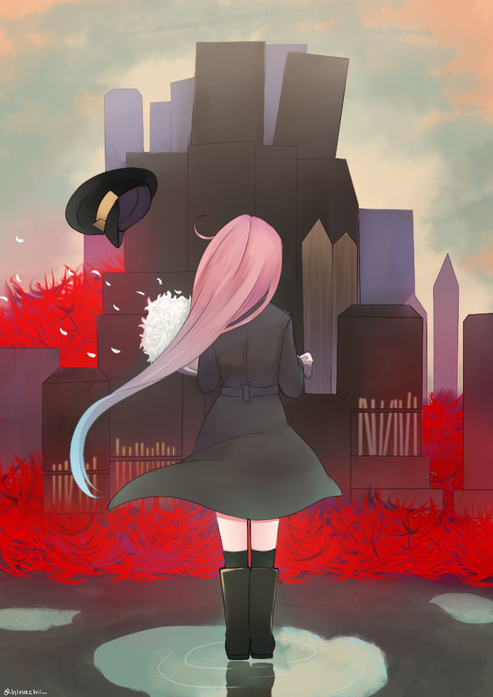 1girl boots bouquet coat commentary_request female_admiral_(kantai_collection) flower grave hat hinagi_(fox_priest) kantai_collection long_hair nagano_hinata pink_hair puddle spider_lily