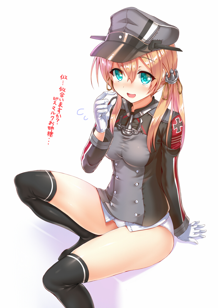 1girl anchor_hair_ornament arm_support arudehido blonde_hair blush commentary_request flying_sweatdrops gloves hair_ornament hat kantai_collection leg_up long_hair long_sleeves looking_at_viewer military military_uniform no_pants open_mouth panties peaked_cap prinz_eugen_(kantai_collection) revision simple_background sitting sketch skirt thigh-highs thighs translated twintails underwear uniform white_gloves white_panties