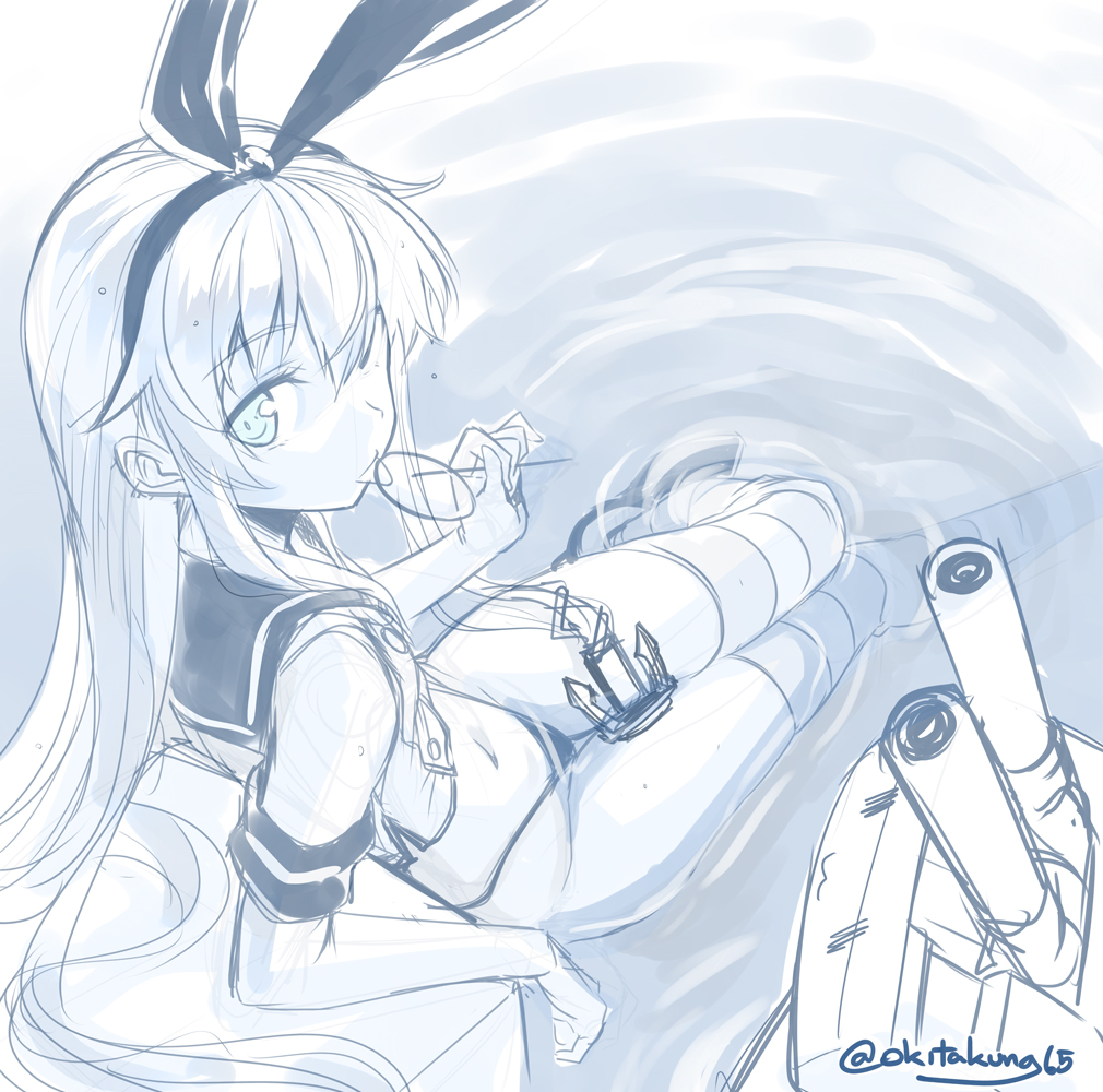 1girl anchor_hair_ornament aqua_eyes elbow_gloves gloves hairband kantai_collection long_hair looking_at_viewer navel okitakung rensouhou-chan shimakaze_(kantai_collection) sketch solo spot_color striped striped_legwear thigh-highs twitter_username water