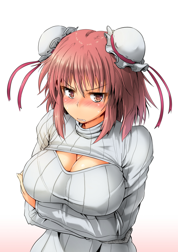 1girl alternate_costume bandages blush breast_hold breasts cleavage cleavage_cutout double_bun embarrassed ibaraki_kasen large_breasts looking_at_viewer nokishita_kumoemon open-chest_sweater red_eyes redhead ribbed_sweater short_hair simple_background solo sweater tears touhou turtleneck