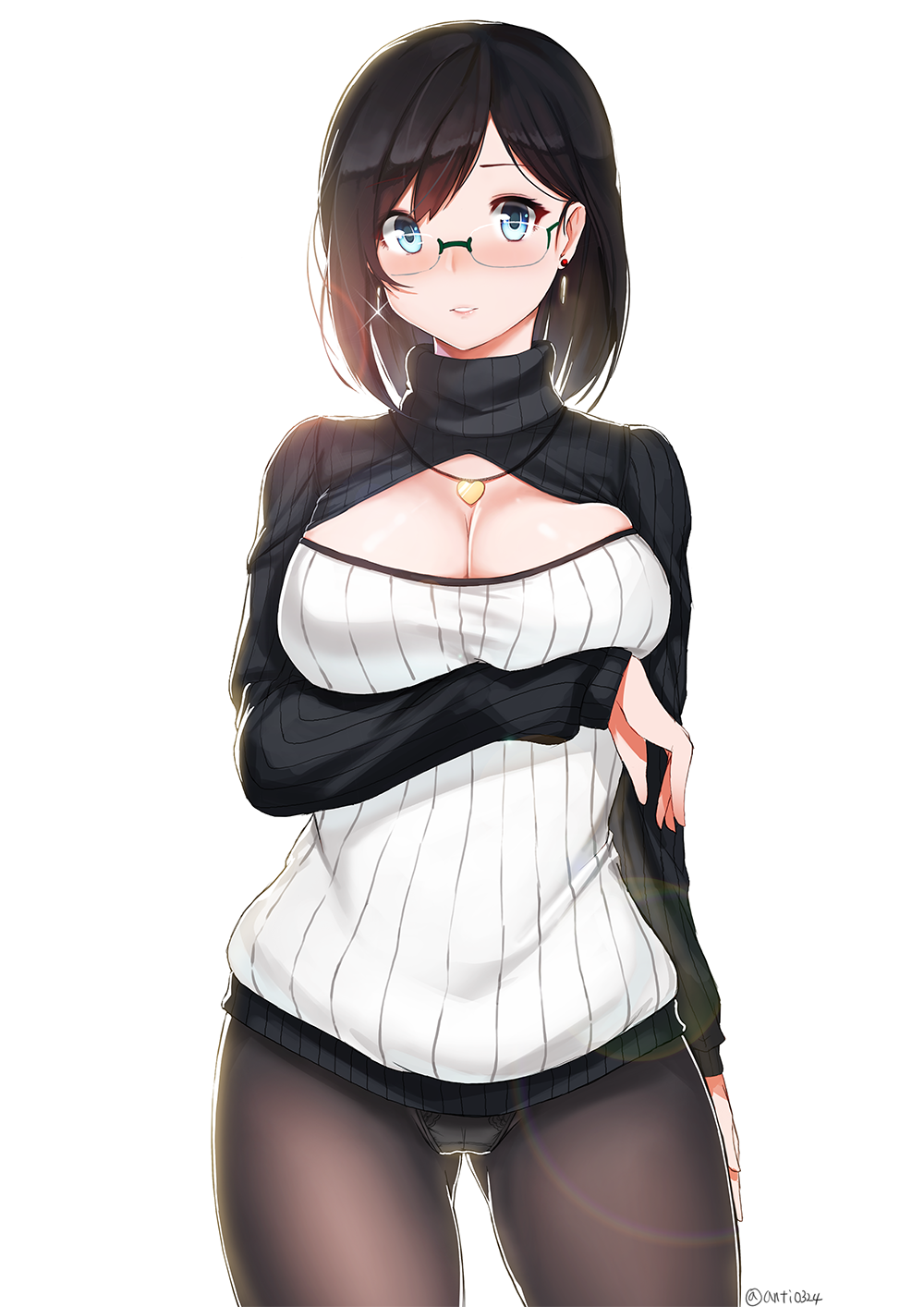 1girl black_hair black_legwear blue_eyes blush breasts cleavage cleavage_cutout deneb_(noble324) earrings glasses highres jewelry large_breasts long_sleeves looking_at_viewer open-chest_sweater original panties panties_under_pantyhose pantyhose ribbed_sweater short_hair simple_background solo sweater turtleneck underwear white_background