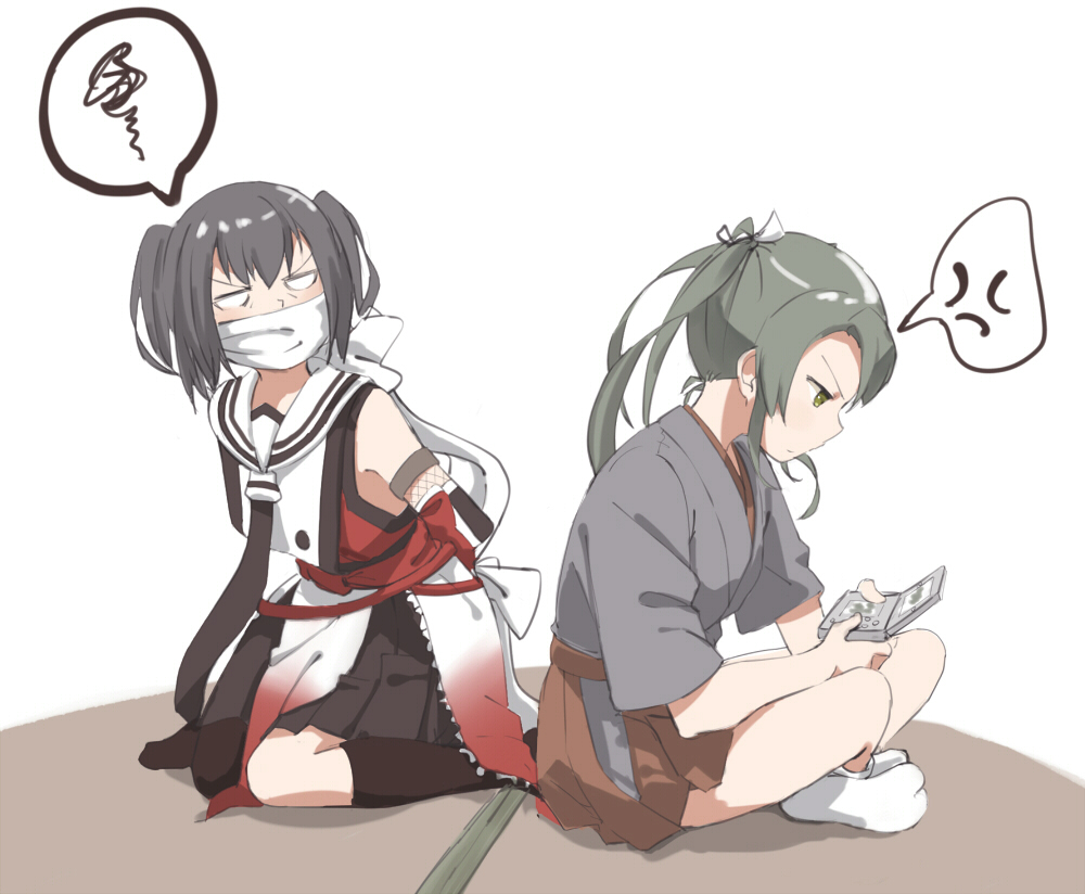 2girls anger_vein arms_behind_back asymmetrical_legwear bare_shoulders black_gloves black_legwear black_skirt brown_hair brown_skirt chocotto715 covered_mouth elbow_gloves gloves grey_hair hakama_skirt indian_style kantai_collection multiple_girls neckerchief nintendo nintendo_ds no_shoes playing pleated_skirt sailor_collar scarf sendai_(kantai_collection) short_hair sitting skirt sleeveless sleeveless_shirt socks spoken_anger_vein spoken_squiggle squiggle twintails two_side_up wariza white_scarf zuikaku_(kantai_collection)