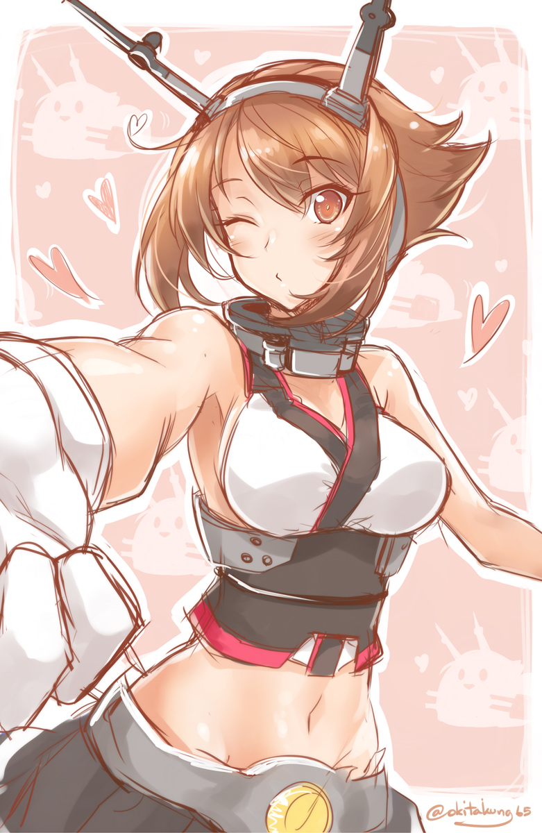 1girl bare_shoulders blush breasts brown_eyes brown_hair bust foreshortening gloves headgear heart highres kantai_collection midriff mutsu_(kantai_collection) mutsu_(snail) navel okitakung one_eye_closed short_hair sketch skirt solo twitter_username white_gloves
