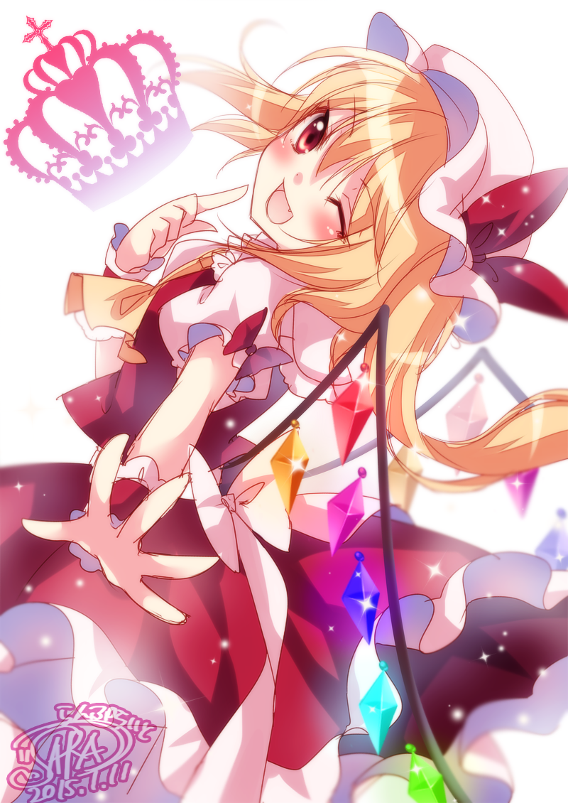 1girl ascot blonde_hair blush bow crown dated fang flandre_scarlet frilled_shirt_collar hair_bow hat hat_ribbon long_hair looking_at_viewer mikazuki_sara mob_cap one_eye_closed pointing pointing_at_self puffy_short_sleeves puffy_sleeves red_eyes ribbon short_sleeves signature skirt skirt_set solo touhou vest wings wrist_cuffs