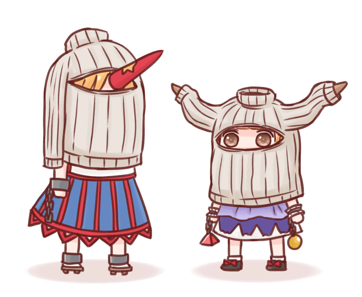 2girls batta_(ijigen_debris) blonde_hair chibi cuffs grey_eyes horn horns hoshiguma_yuugi ibuki_suika long_sleeves multiple_girls oni open-chest_sweater ribbed_sweater shackles shirt skirt sweater touhou turtleneck wardrobe_error you're_doing_it_wrong