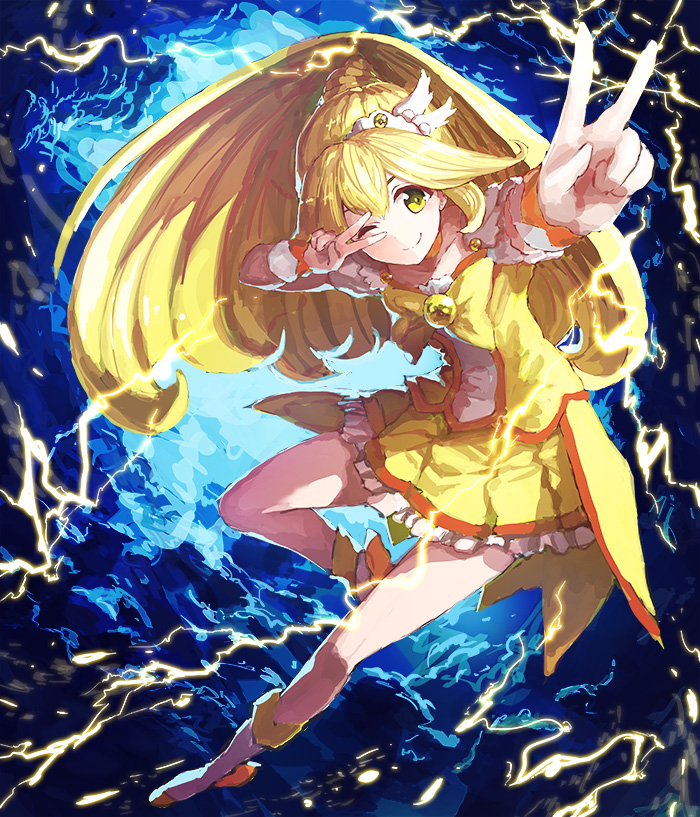 1girl ;) blonde_hair boots bowtie choker clouds cure_peace dark_clouds double_v frilled_skirt frills geeto_gaadian kise_yayoi lightning long_hair magical_girl one_eye_closed ponytail precure short_sleeves skirt smile smile_precure! solo tiara v v_over_eye winking wrist_cuffs yellow_bow yellow_clothes yellow_eyes yellow_skirt