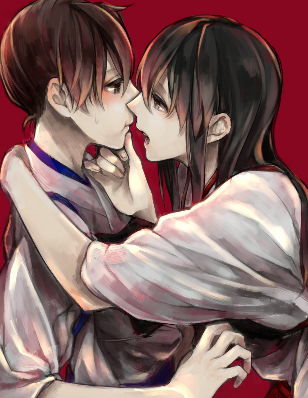 2girls :t akagi_(kantai_collection) brown_eyes brown_hair chin_grab ears eye_contact highres hug incipient_kiss japanese_clothes kaga_(kantai_collection) kantai_collection lips long_hair looking_at_another multiple_girls open_mouth pout red_background shuu-0208 side_ponytail simple_background sweatdrop yuri