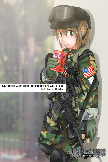 1girl american_flag artist_name assault_rifle blush brown_hair car-15 drinking drinking_straw dutchko gloves goggles goggles_on_head green_eyes gun helmet hi-c juice_box knee_pads leaning leaning_back looking_at_viewer military military_uniform original rifle short_hair sling soldier solo standing throat_microphone uniform war weapon