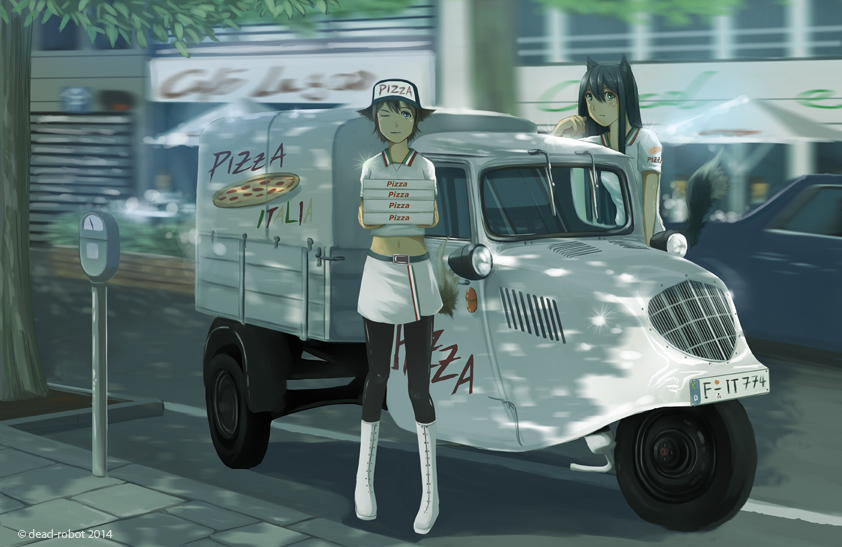 2014 2girls animal_ears artist_name black_legwear blush car carrying cat_ears city commentary dead-robot delivery food green_eyes hat leaning license_plate long_hair looking_at_viewer midriff motor_vehicle multiple_girls navel one_eye_closed original pantyhose parking_meter pizza pizza_box road shadow short_hair skirt street tail tree uniform vehicle white_boots