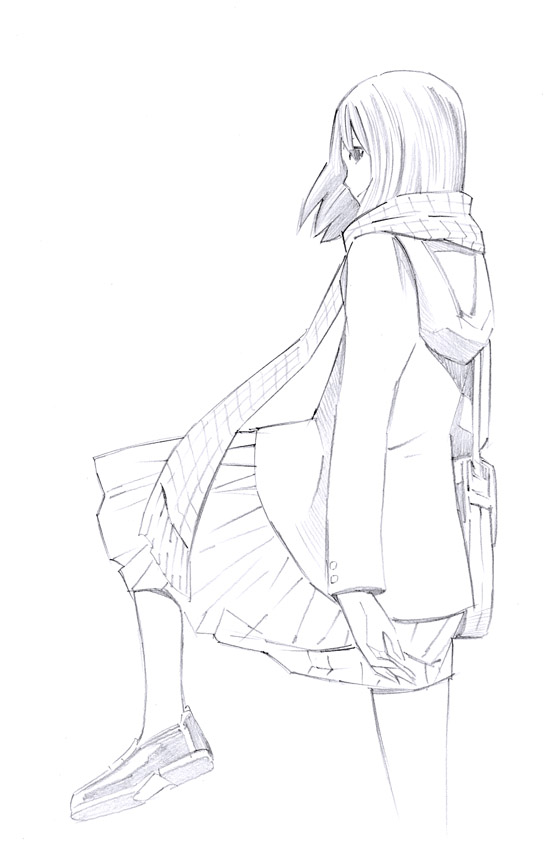 1girl monochrome original sketch skirt solo traditional_media yoshitomi_akihito