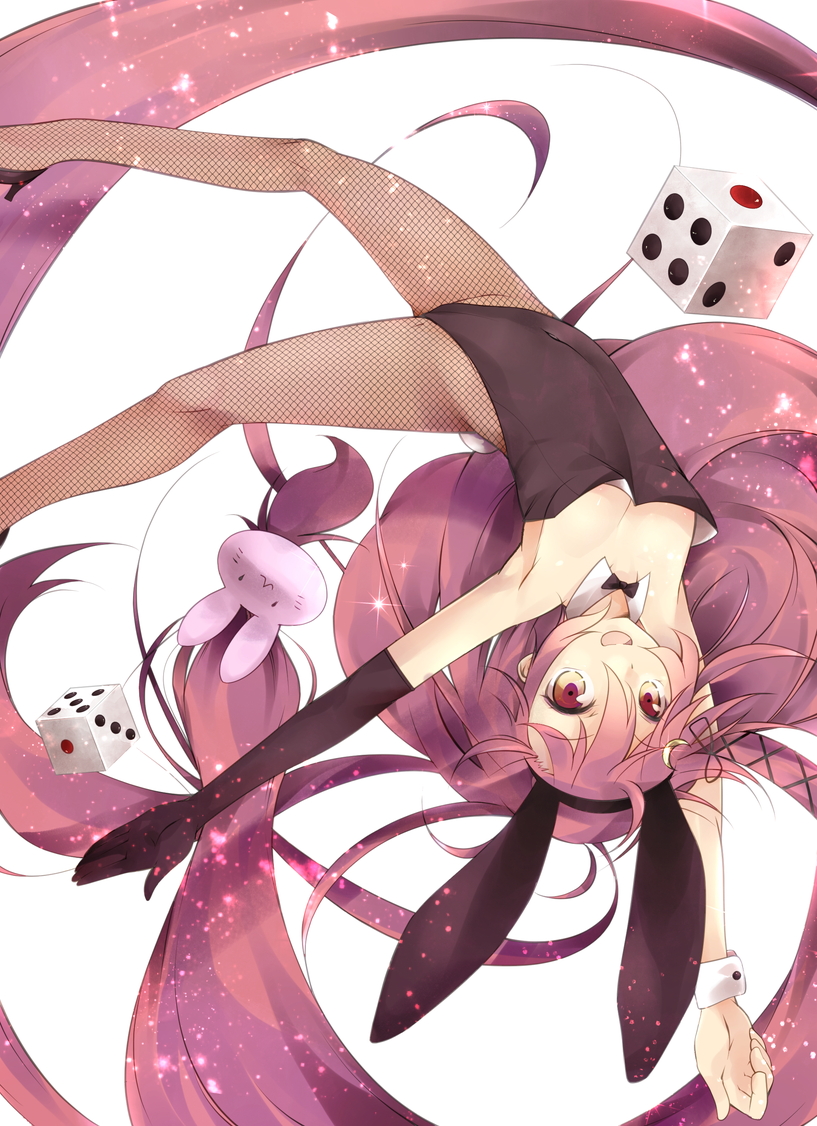 1girl :d alternate_costume animal_ears armpits bare_shoulders black_gloves bowtie bunny_girl bunny_hair_ornament bunny_tail bunnysuit crescent_hair_ornament detached_collar dice elbow_gloves fake_animal_ears fishnet_pantyhose fishnets gloves hair_ornament kantai_collection long_hair looking_at_viewer open_mouth pantyhose pink_eyes pink_hair rabbit_ears sawamura_aoi single_glove smile tail upside-down uzuki_(kantai_collection) very_long_hair