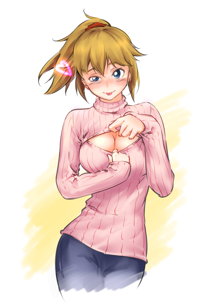 1girl :p breasts cleavage gundam gundam_build_fighters gundam_build_fighters_try half-closed_eye heart hoshino_fumina naughty_face open-chest_sweater ponytail ribbed_sweater simple_background solo sweater tongue tongue_out turtleneck