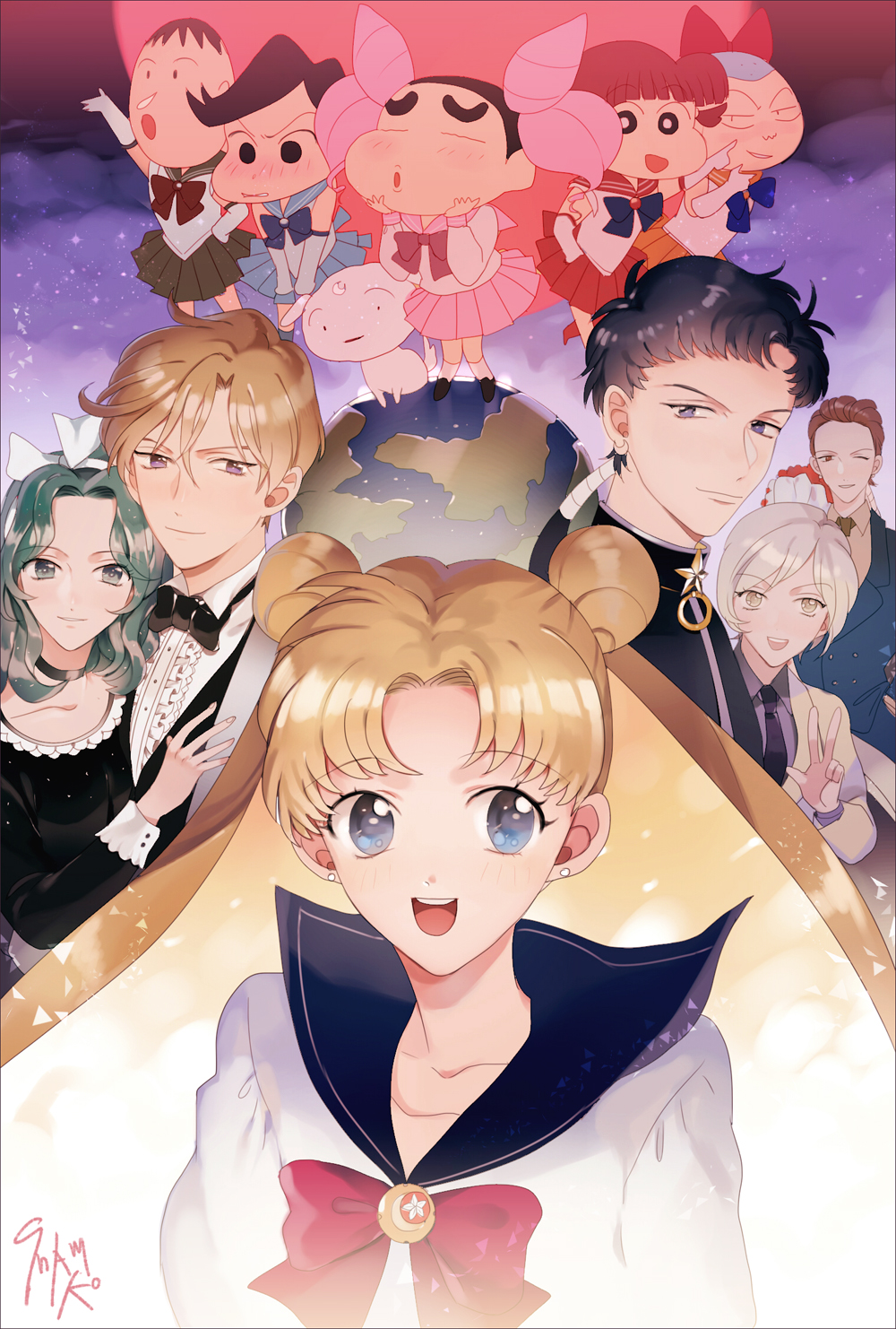 :d androgynous bangs bishoujo_senshi_sailor_moon black_bow blonde_hair blue_eyes boo-chan cosplay crayon_shin-chan crossdressinging double_bun earth formal highres kaiou_michiru kazama_tooru luna_(sailor_moon)_(cosplay) nohara_shinnosuke open_mouth parted_bangs red_bow sailor_chibi_moon_(cosplay) sailor_collar sailor_jupiter_(cosplay) sailor_mars_(cosplay) sailor_mercury_(cosplay) sailor_venus_(cosplay) sakurada_nene satou_masao school_uniform seiya_kou serafuku shamko shiro_(shin-chan) signature smile taiki_kou ten'ou_haruka tsukino_usagi twintails yaten_kou