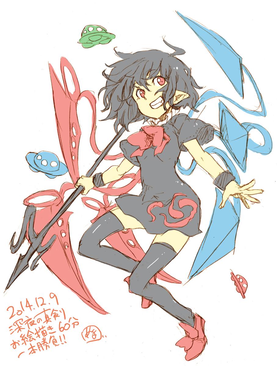 1girl asymmetrical_wings black_dress black_hair black_legwear bow colored dated dress full_body highres houjuu_nue numa_(minus_4k) pointy_ears polearm red_eyes shoes short_hair short_sleeves simple_background sketch smile solo text thigh-highs touhou trident ufo weapon white_background wings wrist_cuffs zettai_ryouiki