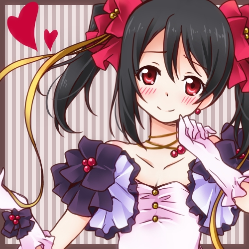 1girl bare_shoulders black_hair blush border bust collarbone flat_chest gloves hair_ribbon heart looking_at_viewer love_live!_school_idol_project lowres nora-toro pink_gloves red_eyes ribbon smile solo twintails vertical-striped_background yazawa_nico